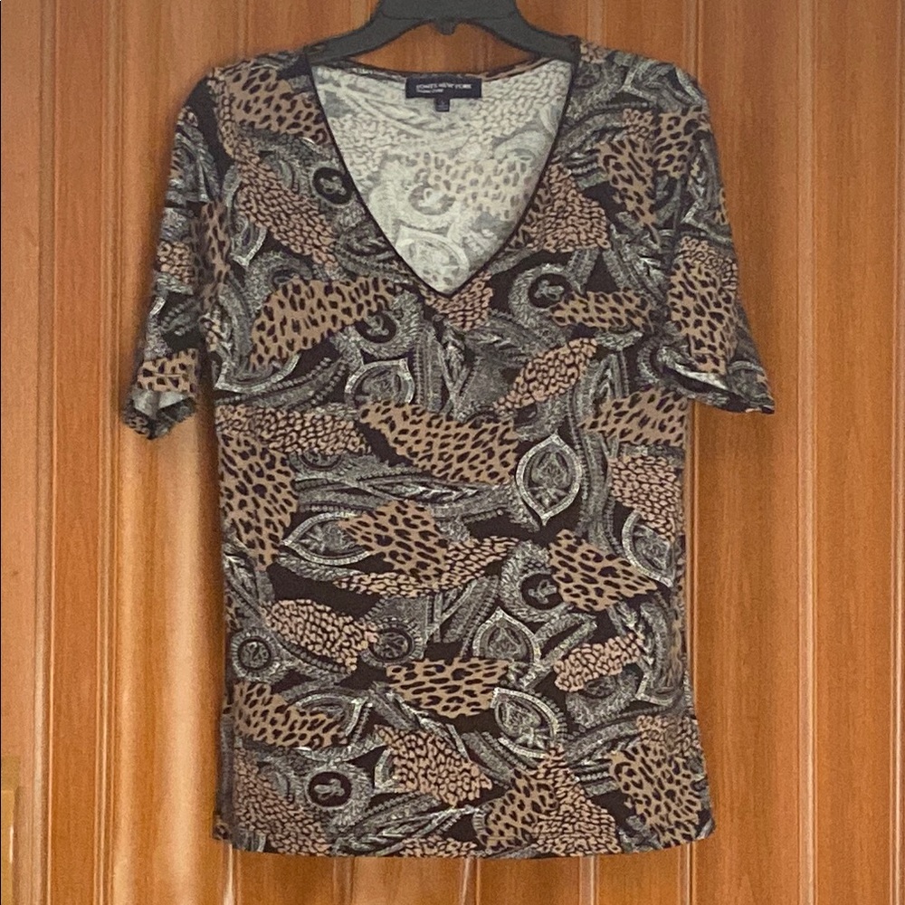 Jones New York Brown and Black Fitted Short Sleeve Tee